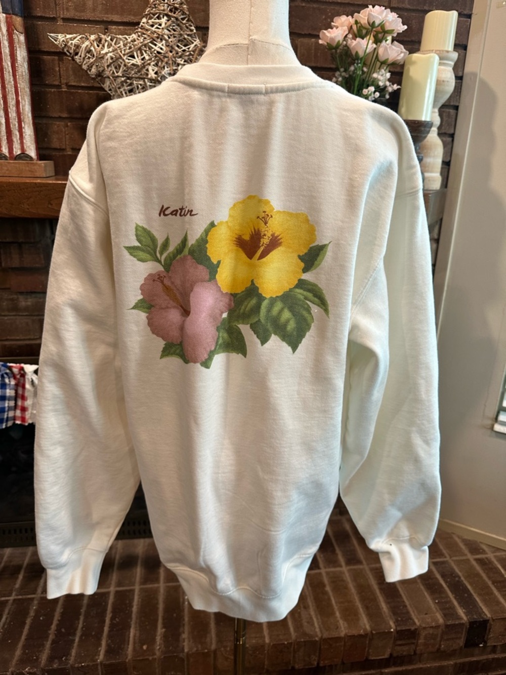 Katin Hibiscus Floral Crewneck Sweatshirt Cream Large — Cozy Coastal Surf